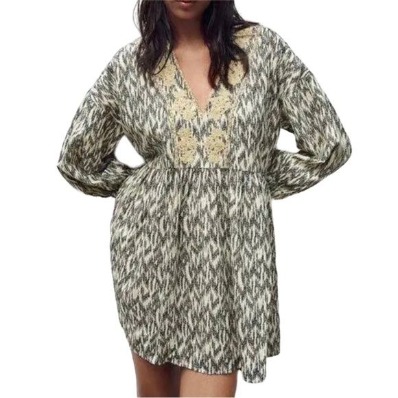 Zara Floral Embroidered Ikat Print Mini Dress Cotton Linen Boho Peasant Ivory L - Picture 1 of 10